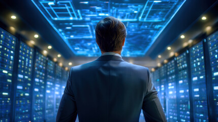 Businessman server room data center cloud computing blue technology futuristic networking control