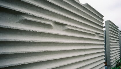 A low-angle view captures a textured concrete wall featuring striking horizontal ridges and recessed panels, creating an intriguing architectural facade with depth and shadow under an overcast sky.