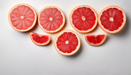 Overhead Arrangement Of Red Grapefruit Slices On Textured White Background
