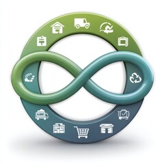 Colorful 3D infinity loop with logistics and recycling icons visualizes a continuous circular economy workflow, ideal for sustainability reports, presentations, or supply chain diagrams.