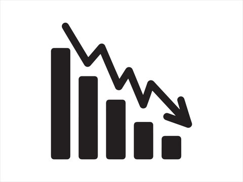 Graph with decreasing bar chart and downward arrow vector symbolizing business decline and loss icon symbol.