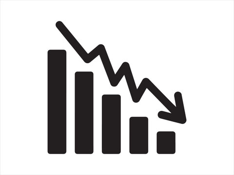 Graph with decreasing bar chart and downward arrow vector symbolizing business decline and loss icon symbol.