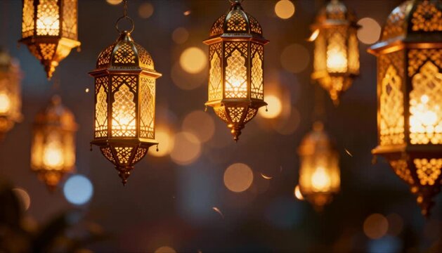 animated 4k seamless loop of traditional ramadan lantern with soft bokeh and blurred background perfect for islamic celebrations
