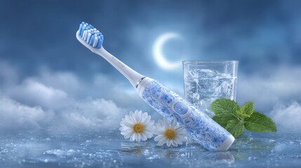 A patterned electric toothbrush floats on reflective water with mint, daisies, and a crescent moon, evoking cool nighttime freshness for premium oral care advertising campaigns.