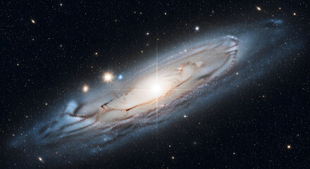 A mesmerizing celestial panorama showcasing a spiral galaxy, with its bright core and sweeping arms scattered across the dark expanse