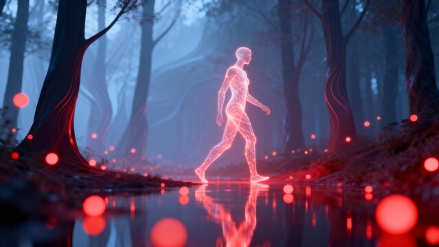 Glowing human figure in mystical forest - Powered by Adobe