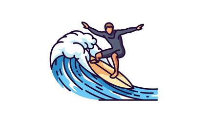Dynamic illustration of a surfer expertly riding a massive blue ocean wave, embodying the thrill and freedom of water sports and summer adventure