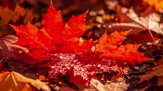 Macro Leaf Details maple leaves autumn Extreme close up (macro) on the intricate veins and textures of a single dew kissed maple leaf, showcasing its vibrant autumn hues.