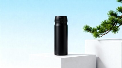Black thermos bottle on white pedestal