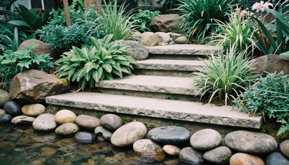 Stone steps elegantly traverse a tranquil garden pond, bordered by an array of lush green plants and smooth river rocks, fostering a peaceful and beautifully landscaped outdoor environment.