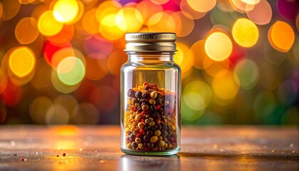 Glass jar filled with colorful spices against bokeh background.