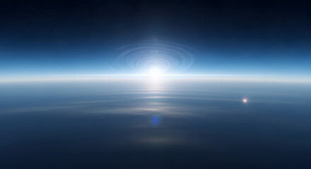 A serene celestial scene a brilliant sun erupts from horizon, reflected on rippled waters, ringed by celestial phenomena