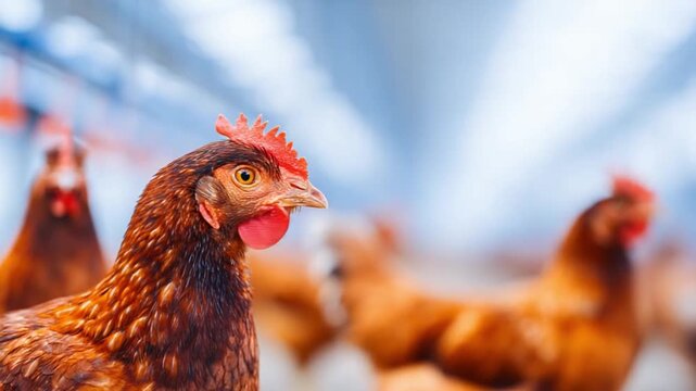 Focused Hen Portrait: The image is a close-up of a hen with vivid detail. The hen is a striking brown with a prominent red comb and wattle, hinting at a lively and healthy fowl. It's a close look.