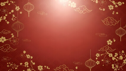 Festive Chinese background with golden lanterns and cherry blossoms