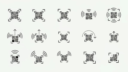 Collection of QR Code Icons with Scanning and Wireless Signals.