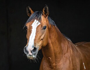 Close-up of a brown horse with a white blaze, gazing ahead