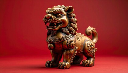Golden Chinese guardian lion statue on a red background.