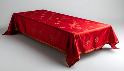 Elegant Red Tablecloth with Intricate Gold Pattern on a Table.