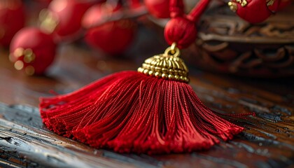 Elegant Red Tassel Ornament with Golden Accents on Rustic Wooden Surface.