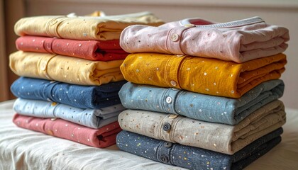 Stacks of Folded Colorful Shirts on White Surface.