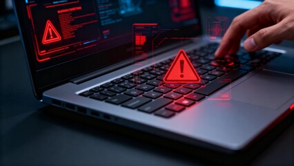 Laptop with warning icons and hand on keyboard