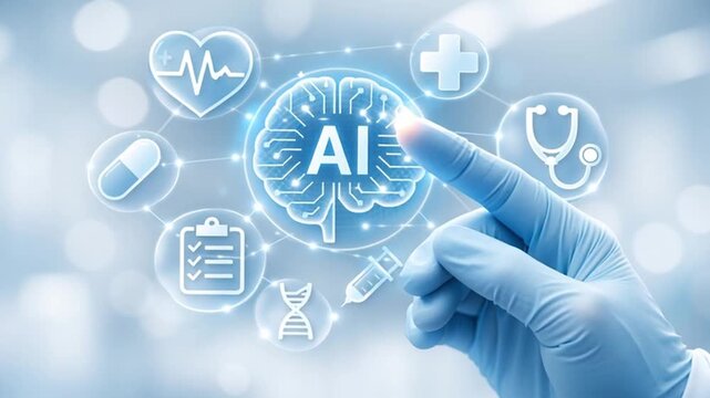 Artificial intelligence healthcare technology future medicine innovation digital brain interface doctor glove hand touch virtual icon health data analysis modern clinic blue abstract hologram network