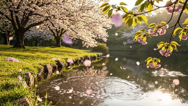 Forest Floor Petal Vortex petal swirl spring Low angle shot observing a scattering of spring blossom petals on a mossy forest floor or grassy path. A subtle gust of wind