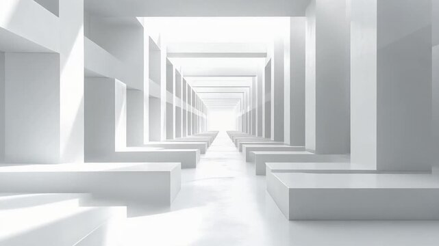 白一色の回廊空間が奥行きを強調する抽象的建築表現