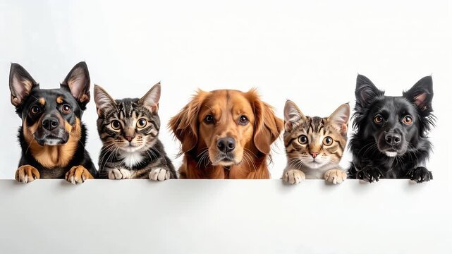 白背景に並んだ犬と猫の顔が可愛らしさを伝える集合表現