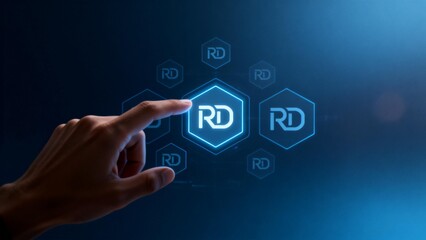 Hand interacting with digital hexagon icons