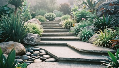 Winding stone steps ascend through a vibrant, lush garden filled with diverse green plants and natural rocks, creating an inviting and picturesque pathway amidst abundant tropical foliage.