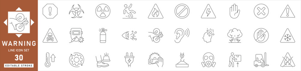 Warning line icon set. safety signs, danger alert, caution symbols and notification. Editable vector. Ideal for safety signage, alerts, error messages, and hazard notifications.