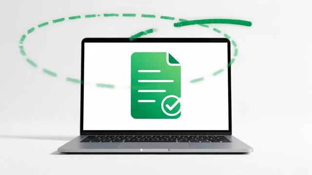 Laptop with green document on screen.