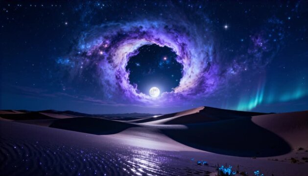 mystical night desert landscape featuring radiant celestial portal opening in starry sky perfect for islamic celebrations