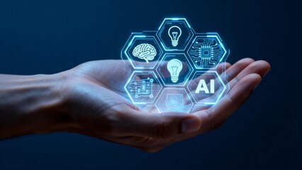 Hand holding AI technology icons