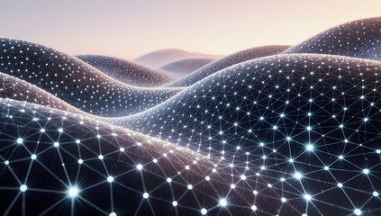 Abstract network structure with glowing nodes on a topographic landscape background