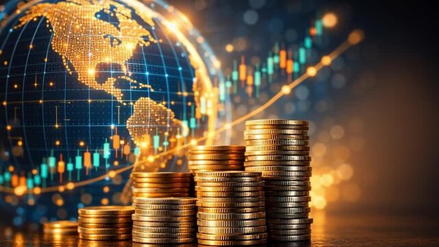 Investment currency exchange business cooperation finance concept with golden coin stack global market background digital chart glow light economy growth profit wealth financial development finance