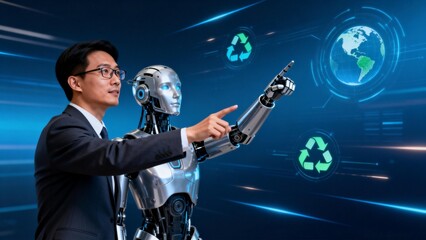Man in suit with robot pointing at digital icons