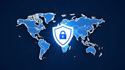 Secure global network shown with a shield and world map