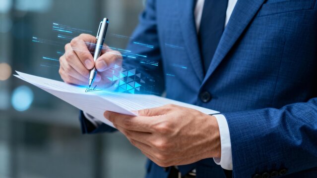 Businessman signing document with digital effects - Powered by Adobe