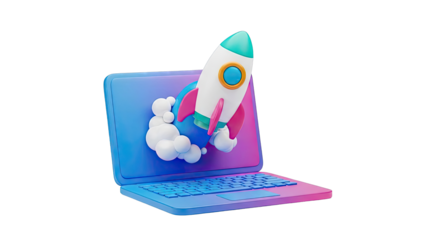 3D Rocket Launching from Laptop Screen with Clouds