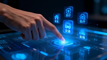 Hand interacting with futuristic digital interface