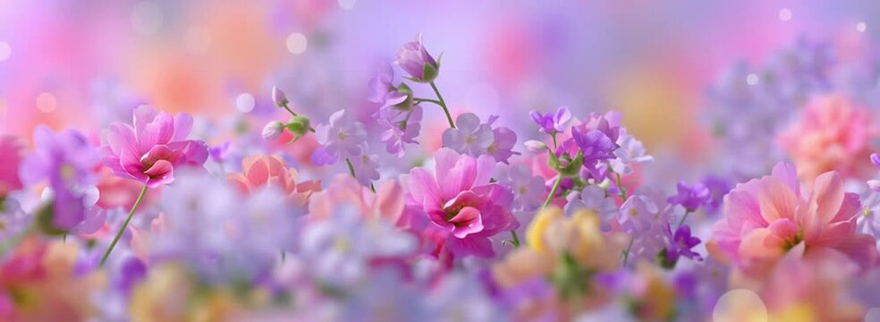 beautiful spring background with colorful pastel flowers, copy space banner, banner for social media and web design. pastel colors, pink, purple, yellow, and white background Generative AI