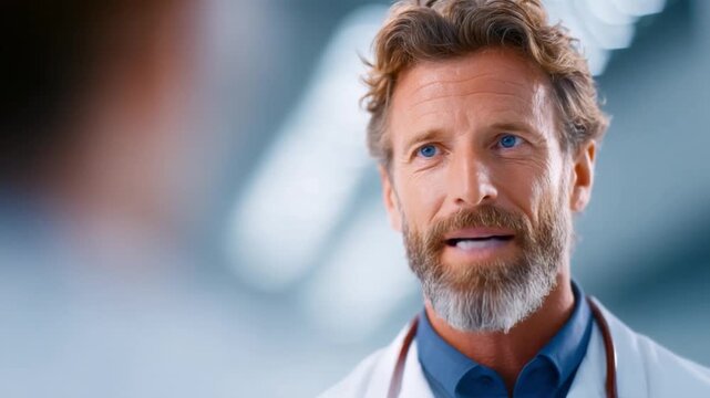 The Attentive Doctor: A compassionate doctor with a caring demeanor, looking directly, personifying knowledge and reliability.