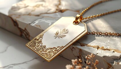 Close-up of gold pendant on chain, resting on a marble surface. The pendant features a botanical design and intricate details