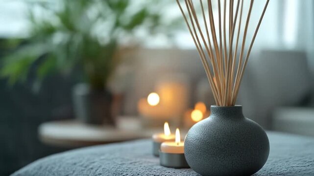 Warm, cozy scene with reed diffuser, two lit tea candles on grey surface, blurred plant