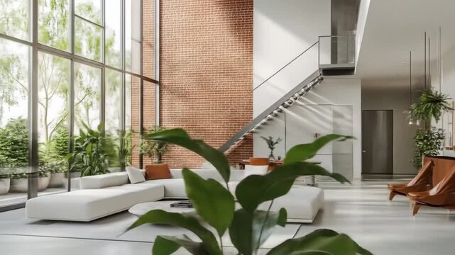 Modern, bright living room with large white sofa, brick wall, stairs, and lush garden views