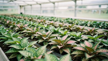 Numerous rows of young potted plants with striking green and pink variegated leaves thrive under the diffused light of a vast commercial greenhouse, signifying growth and cultivation.