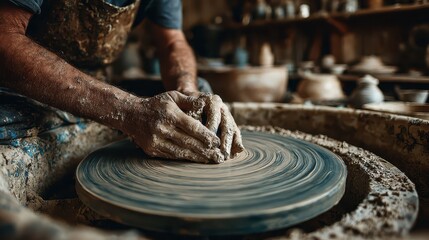 A potter's hands shape clay on a spinning wheel, in a rustic workshop setting. Use for art, crafts, handmade items, or traditional skilled artisan concepts.