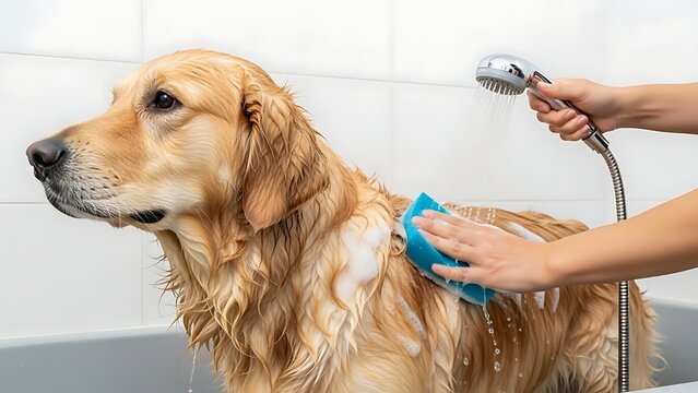 Golden Retriever Dog Enjoying a Relaxing Bath with Gentle Washing. - Powered by Adobe